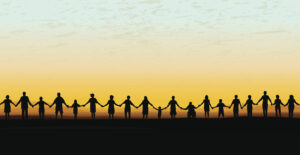 Link to Publications page - Tight graphic silhouette background of a line of diverse people holding hands. 